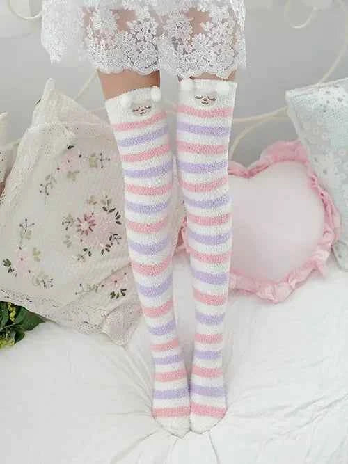 Japanese Mori Girl Animal Modeling Knee Socks Striped Cute Compression Autumn Winter Warm Sock Sleep Cozy Long Thigh High Socks