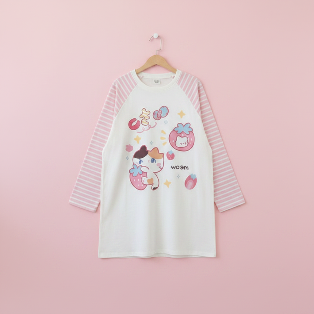 Japanisches Patchwork Rosa Streifen Lässiges T-Shirt Herbst Cartoon