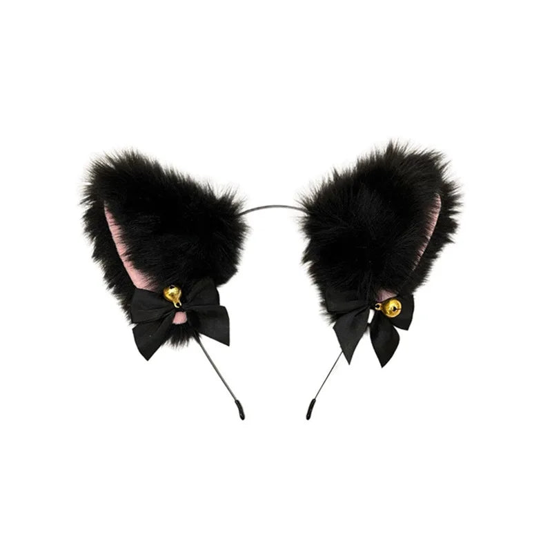 Fluffy black fur cat ear headband with pink inner ears, bows and gold bells
