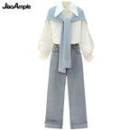 Two Pieces Set Women Fashion Long Sleeve White Shirt, Shawl - Vusy Kawaii Shop