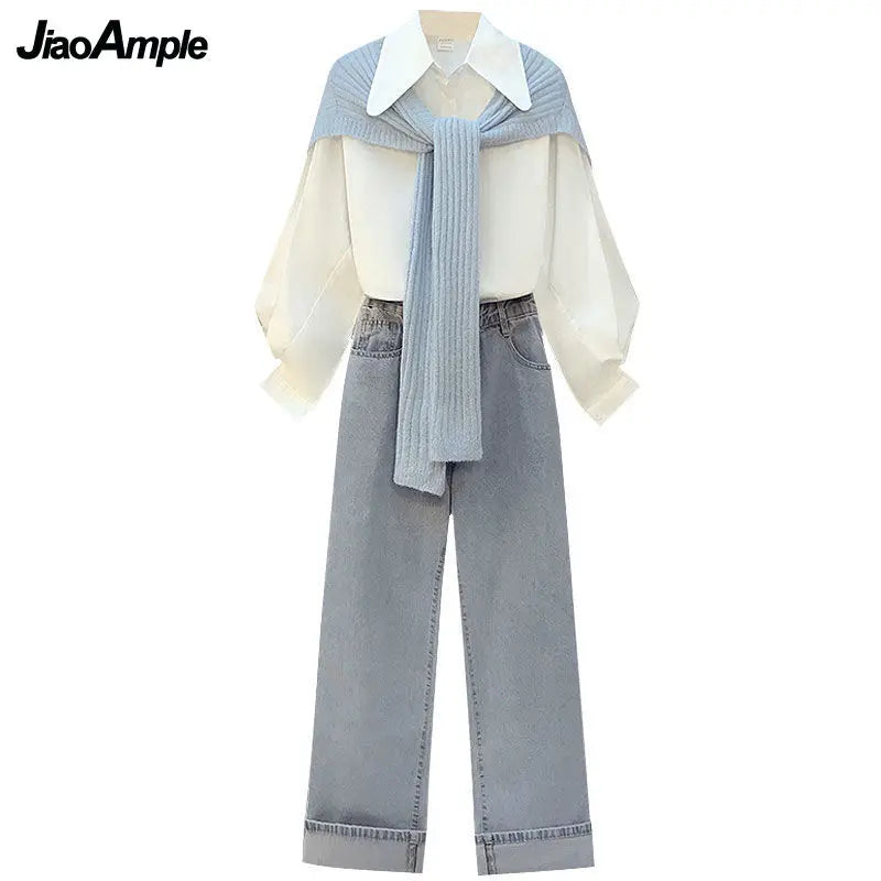 Two Pieces Set Women Fashion Long Sleeve White Shirt, Shawl - Vusy Kawaii Shop