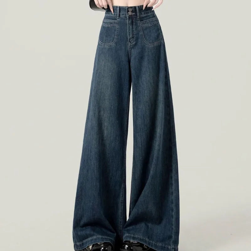 Mocha Cardigan Tube Top and Wide Leg Jeans Set, close-up of the medium-wash wide-leg jeans with a double-button waist