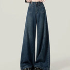 Mocha Cardigan Tube Top and Wide Leg Jeans Set, close-up of the medium-wash wide-leg jeans with a double-button waist