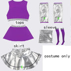 Starfire Teen Titans purple costume pieces with tops and skirt flat lay