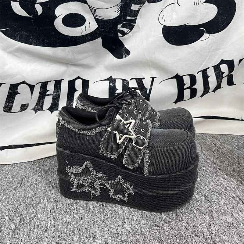 GURURU Original Star Denim Subculture Spicy Girl Thick Sole Shoes Lorita PU Round Head Fashion Street Girl Shoes