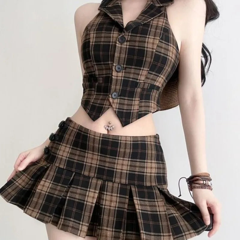 Chic Fashion Women 2 Sets Vintage Sexy Off Shoulder Plaid - Vusy Kawaii Shop