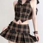 Chic Fashion Women 2 Sets Vintage Sexy Off Shoulder Plaid - Vusy Kawaii Shop