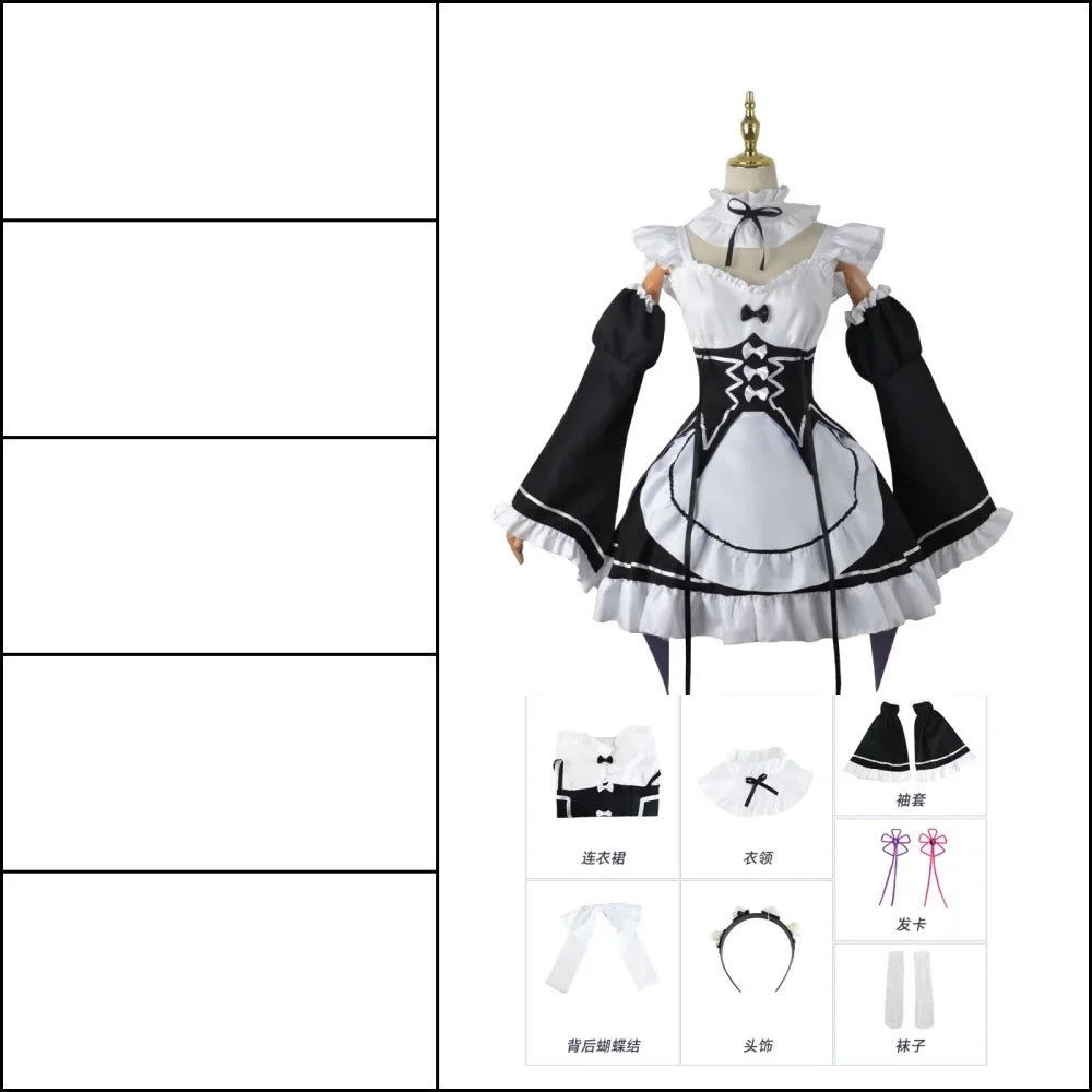 Black and white maid dress with white apron, full length