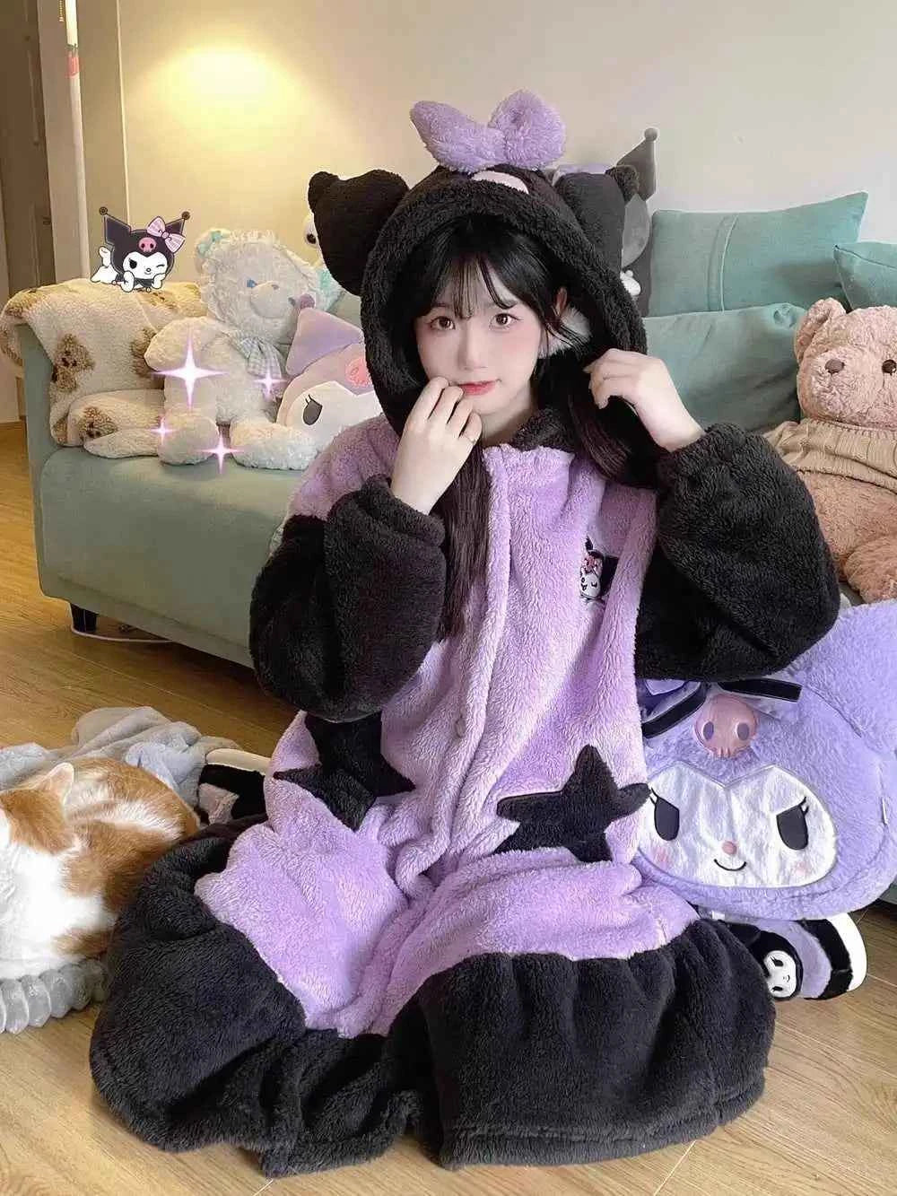 Kawaii Sanrioed Plush Pajamas Suit Cartoon Kuromi Winter Women Hooded Nightgown Long Cute Girls Thickened Warm Sweet Tops Pants