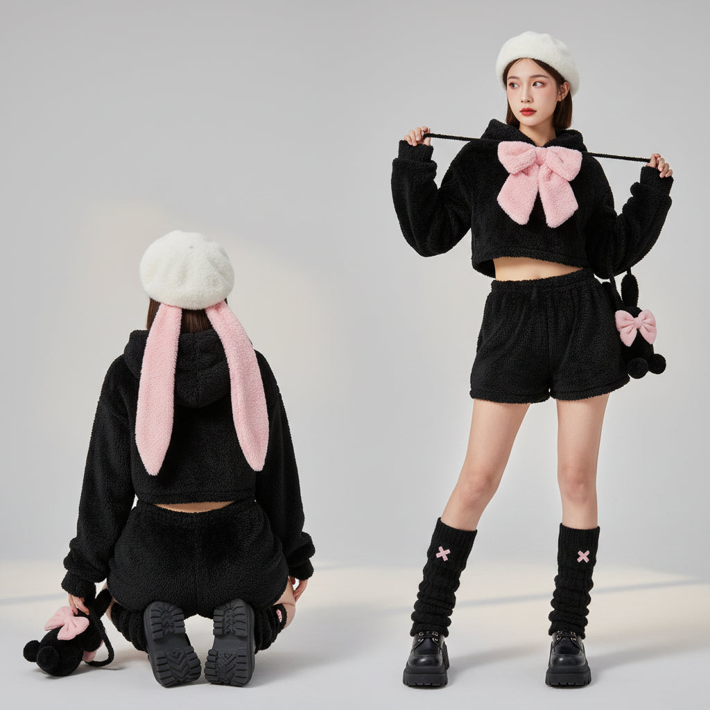 Autumn-Winter White Plush Bow Rabbit Ear Hooded Sweatshirt - Vusy Kawaii Shop