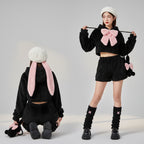 Autumn-Winter White Plush Bow Rabbit Ear Hooded Sweatshirt - Vusy Kawaii Shop