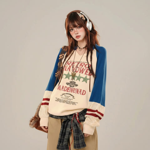 Blue College Sstyle Loose Sweater Autumn Fashion Slim Lazy - Vusy Kawaii Shop