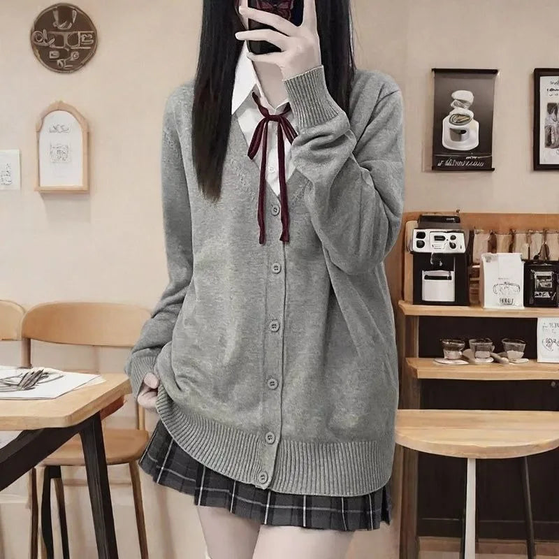 Japanese Fashion Solid Color V-Neck Knitted Sweater, NewJK - Vusy Kawaii Shop