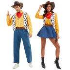 Woody cowboy and cowgirl cosplay costume set, front view