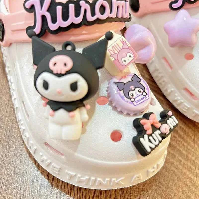Sanrioed Anime Kuromi Shoes Cartoon Accessories Non Slip Hole Slippers Women Hello Kittys Outside Wear Summer Thick Girl Sandals