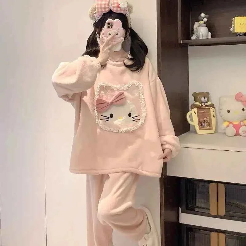 Kawaii Hello Kittys Flannel Autumn Winter Thickened Warm Pajamas Women Casual Loose Round Neck Home Clothes Suit Cartoon Cute