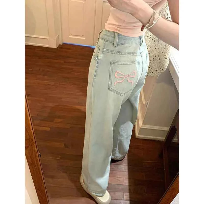 Blue Jeans for Women High Quality High Waist American Wide Leg Pants Bow Embroidery Y2K Vintage Straight Summer Trousers 2024