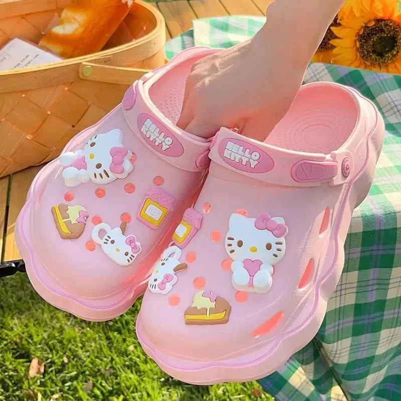 Kawaii Sanrioed Hello Kittys Cave Shoes Women's Summer Sandals with Thick Heels Kuromi Cinnamoroll Casual Slippers Female Gift