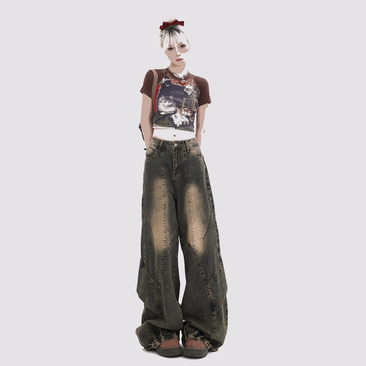 Brown Cropped Sweater Polo and Wide Leg Jeans Set, model wearing wide-leg gradient jeans, separate piece option