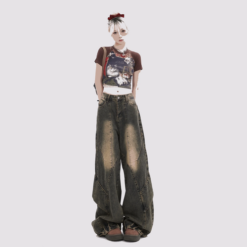 Brown Cropped Sweater Polo and Wide Leg Jeans Set, model wearing wide-leg gradient jeans, separate piece option
