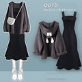 Autumn-Winter Knit Set Hooded Sweater Strap Skirt