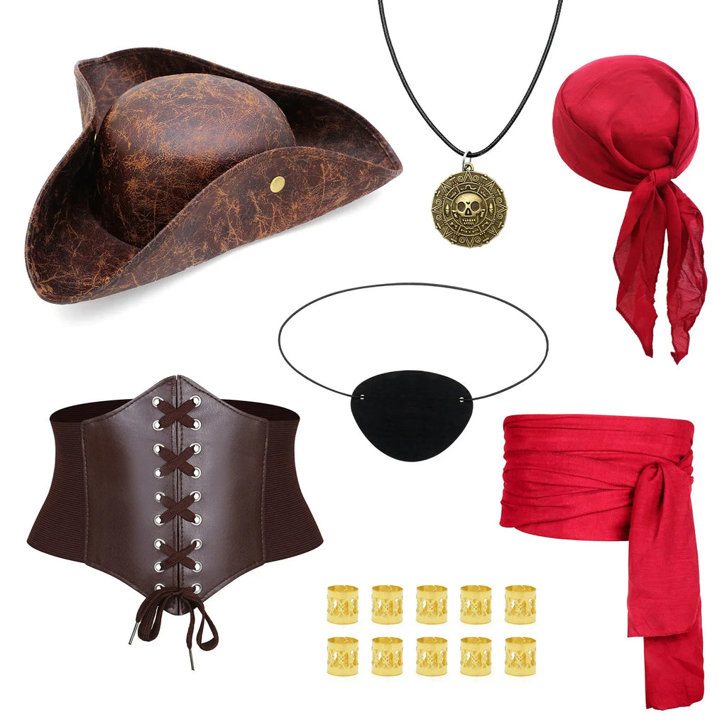 Red pirate costume accessory set with hat, corset belt and bandana, flat lay