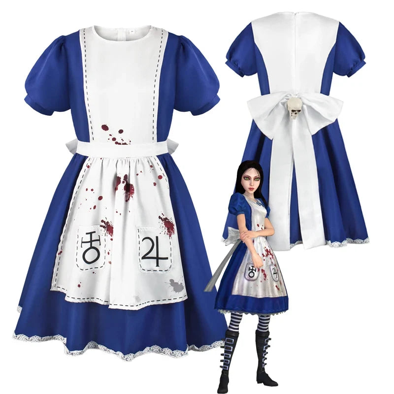 Alice Madness Returns bloody blue and white maid dress, front and back view