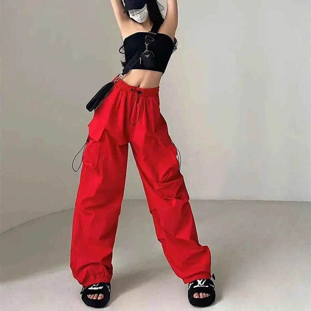 Women Wide Leg Baggy Pants Solid Drawstring Y2K Oversized Pockets Cargo Trousers Female Hip Hop Streetwear Lady 2025 Sweatpants