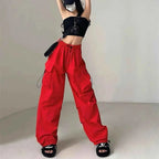 Women Wide Leg Baggy Pants Solid Drawstring Y2K Oversized Pockets Cargo Trousers Female Hip Hop Streetwear Lady 2025 Sweatpants