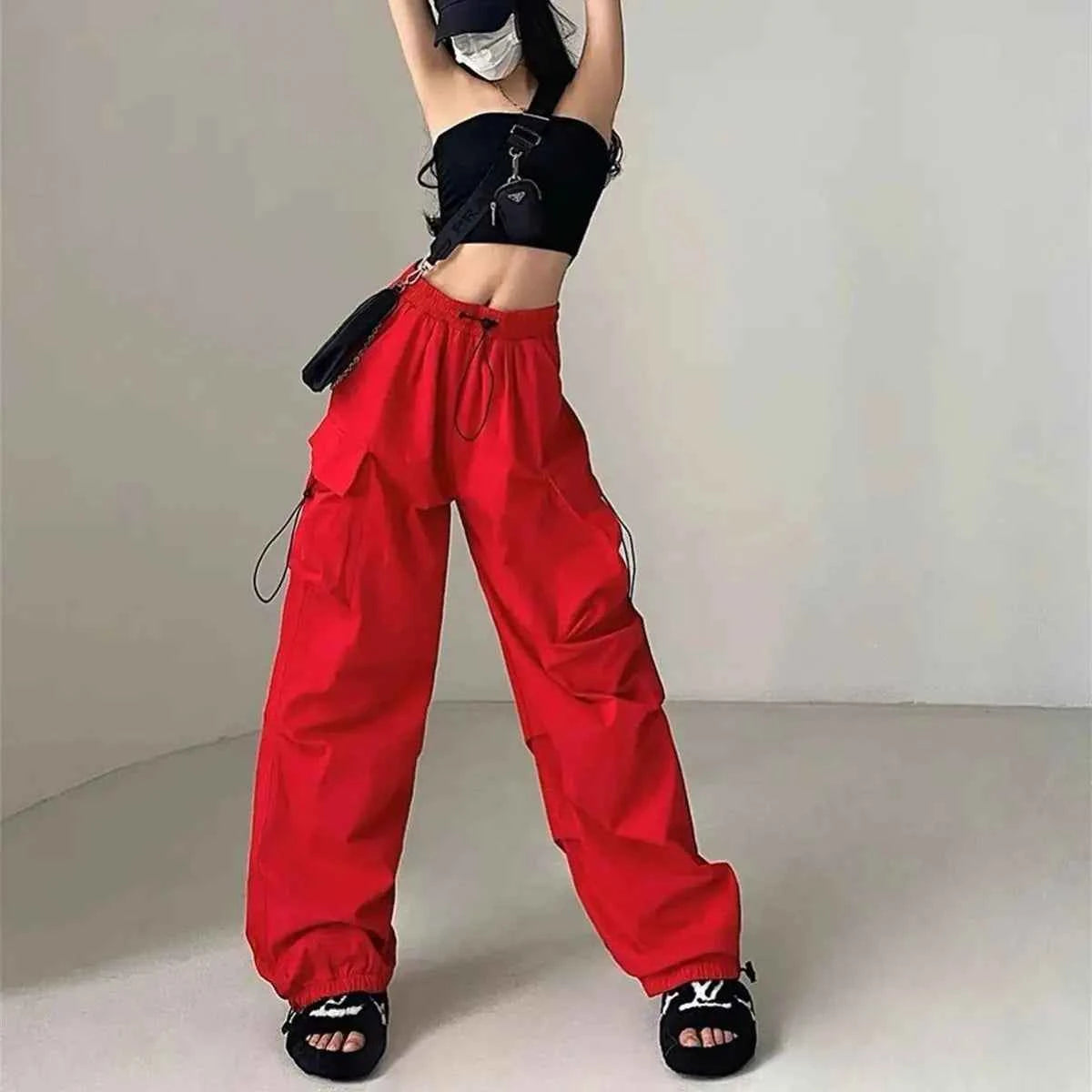 Women Wide Leg Baggy Pants Solid Drawstring Y2K Oversized Pockets Cargo Trousers Female Hip Hop Streetwear Lady 2025 Sweatpants