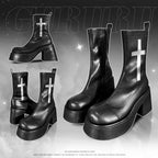 GURURU's Original Gothic Cross Elastic Boots With Thick Soles High Sponge Soles Short Boots PU Fashion Shoes