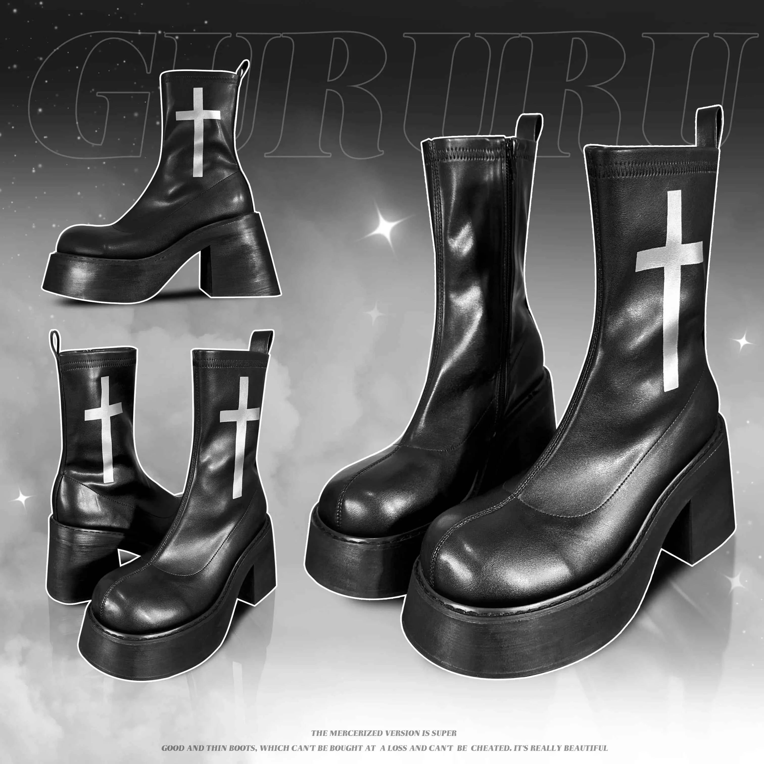 GURURU's Original Gothic Cross Elastic Boots With Thick Soles High Sponge Soles Short Boots PU Fashion Shoes