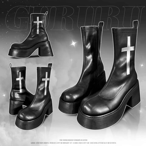 GURURU's Original Gothic Cross Elastic Boots With Thick Soles High Sponge Soles Short Boots PU Fashion Shoes