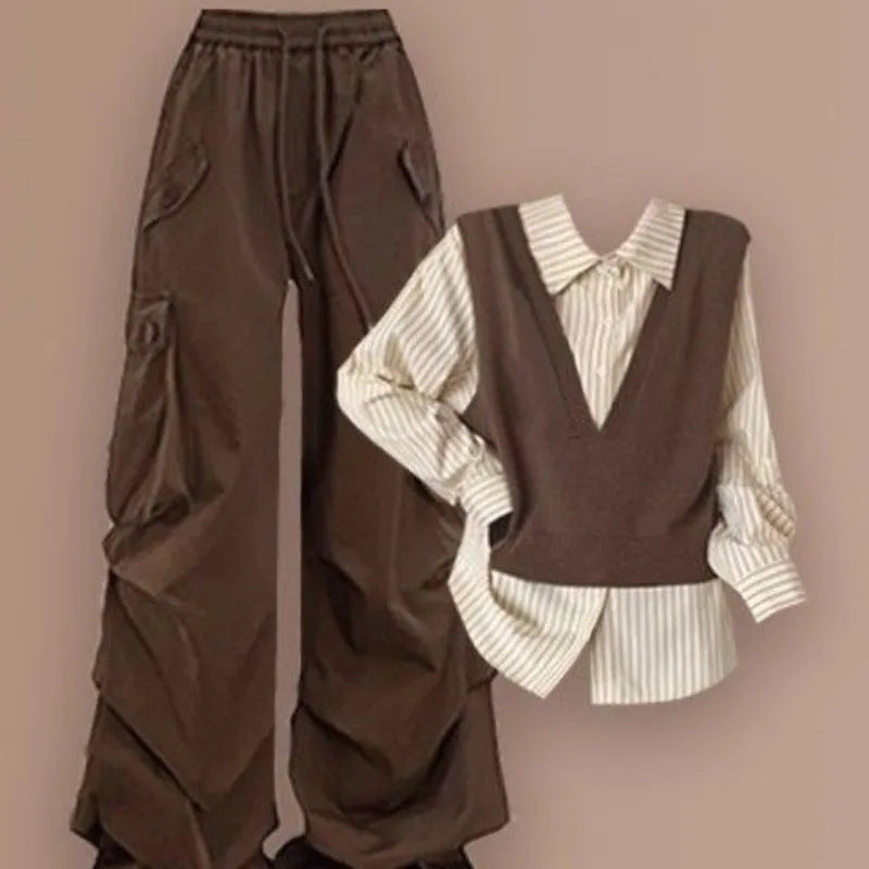 Brown Knit Vest Striped Shirt and Cargo Pants Set, flat lay of brown cargo pants with striped shirt and brown knit vest