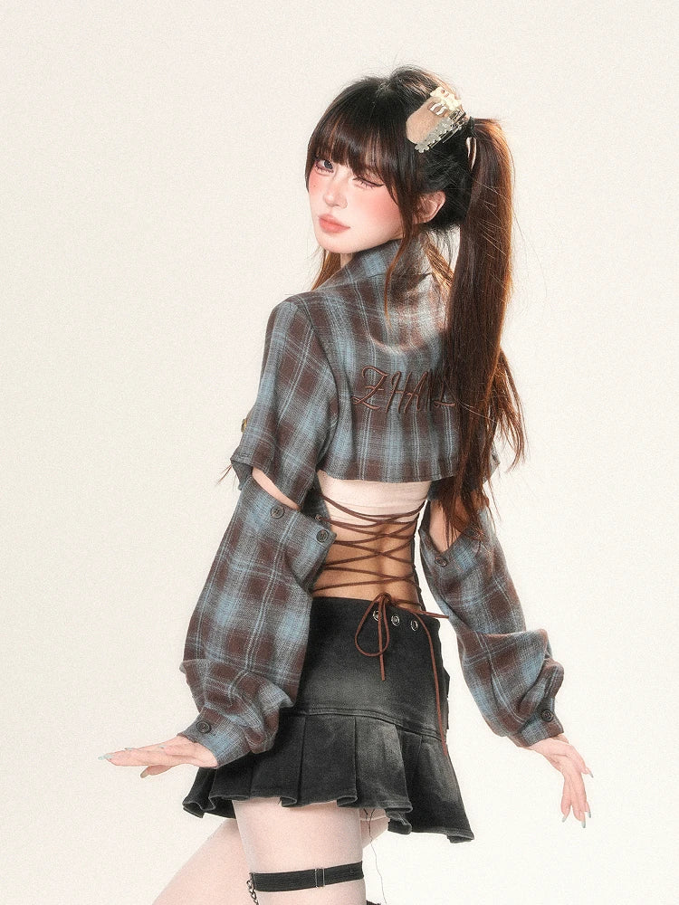 Retro Plaid Personalized Shirt Long Sleeved Shoulder Cinched - Vusy Kawaii Shop