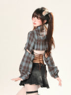 Retro Plaid Personalized Shirt Long Sleeved Shoulder Cinched - Vusy Kawaii Shop