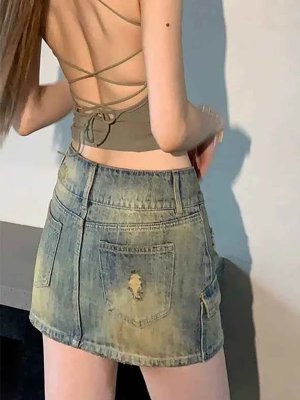 American Vintage Star Rivet Denim Skirts High Waist Slim