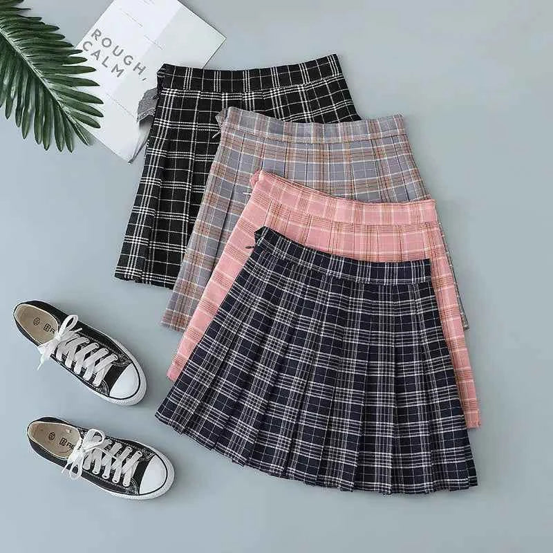Plaid Pleated Skirt Women Spring High Waist A-Line Skirt