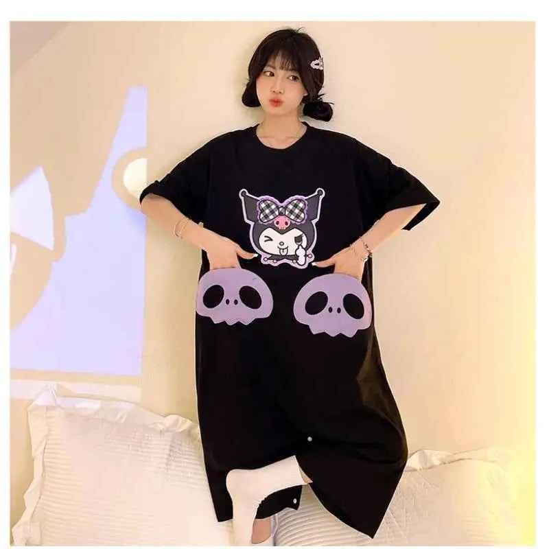 Sanrios Cute Pajamas Kuromi Summer Kawaii Nightgown New Style Student Fashion Thin Loose Comfort Casual Cartoon Home Clothes