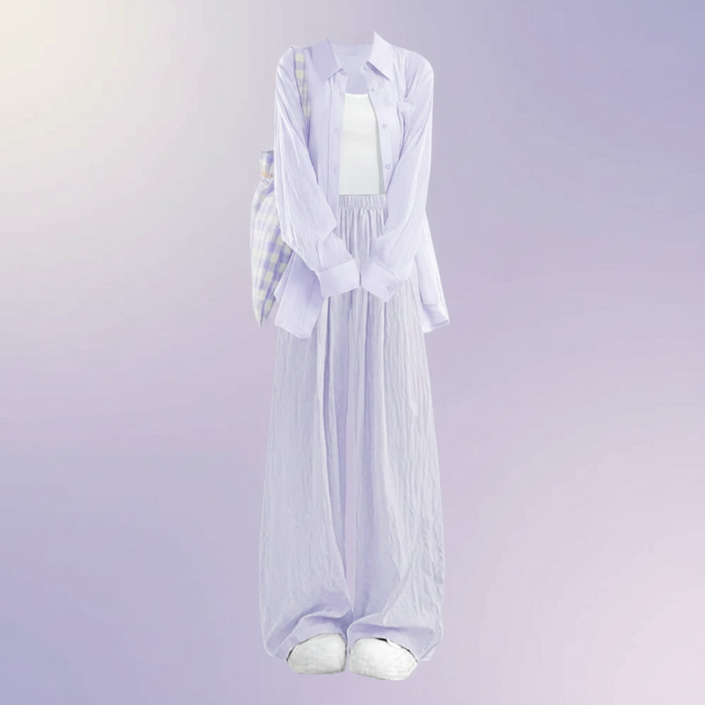 Summer Sunscreen Shirt White Vest Wide Leg Pants Three Piece - Vusy Kawaii Shop