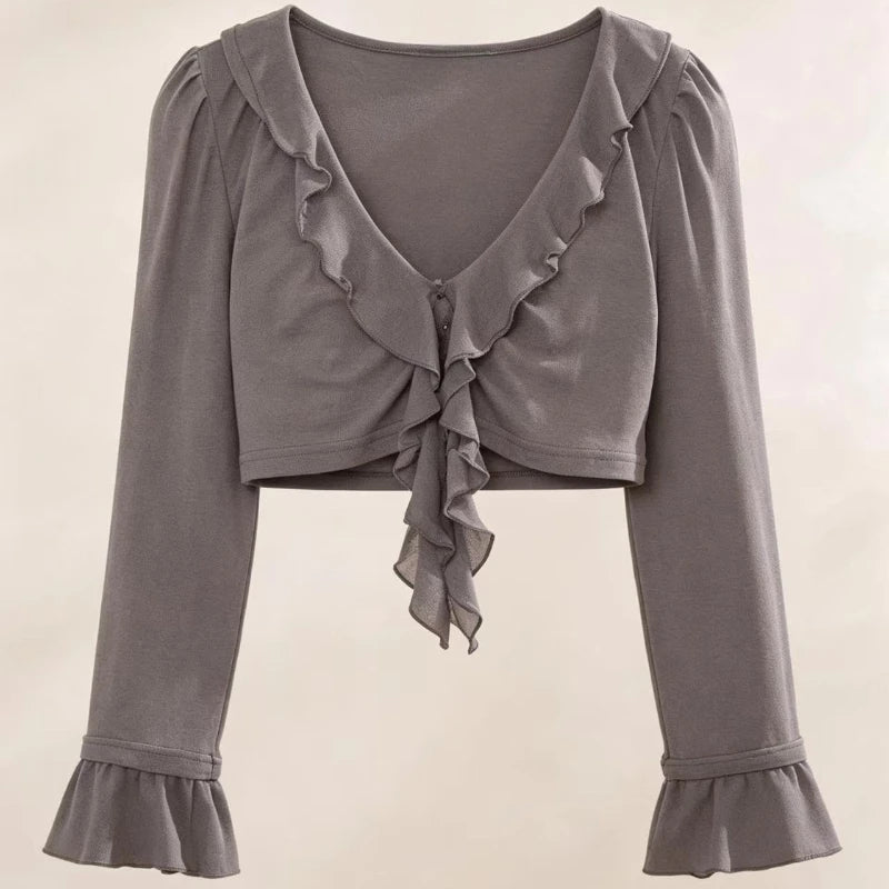 Women's Gothic Preppy Plaid Shirt, Ruffle Cardigan & Tiered Skirt Set