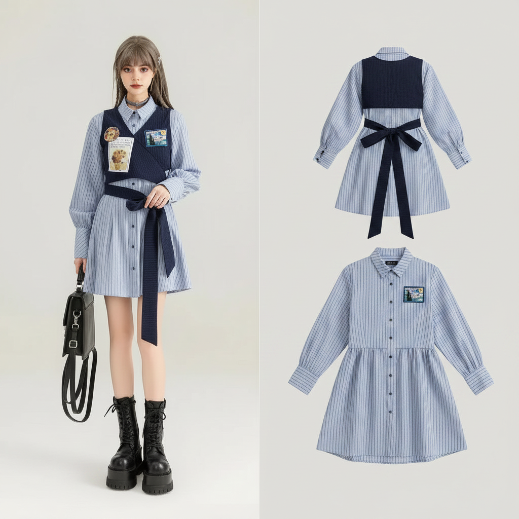 Women American College Style Design Vest Vest Striped Dress - Vusy Kawaii Shop