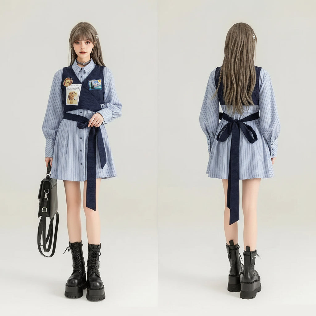 Women American College Style Design Vest Vest Striped Dress - Vusy Kawaii Shop