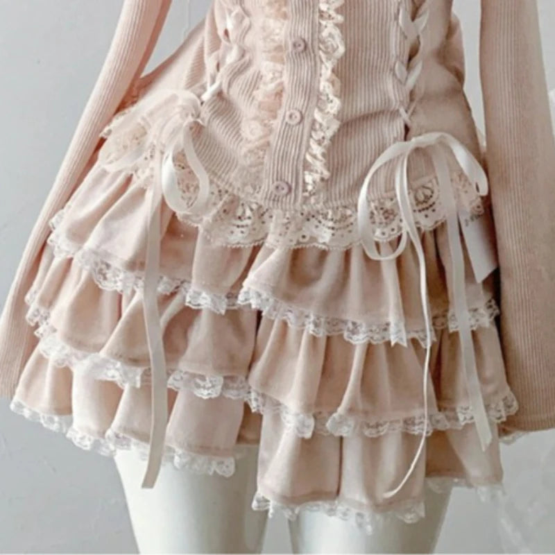 Women's Sweet Lace-Trim Top & Mini Skirt Set