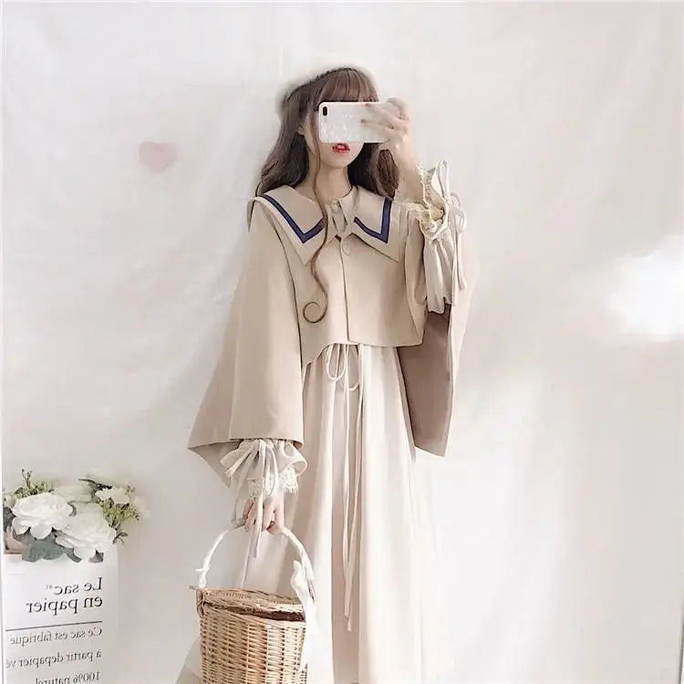 Kawaii Dress Suits 2022 Spring Autumn New Japan School Girl Student Doll Collar Long Sleeve Dress + Cape Shawl Two-piece Set - Vusy Kawaii Shop