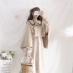 Kawaii Dress Suits 2022 Spring Autumn New Japan School Girl Student Doll Collar Long Sleeve Dress + Cape Shawl Two-piece Set - Vusy Kawaii Shop