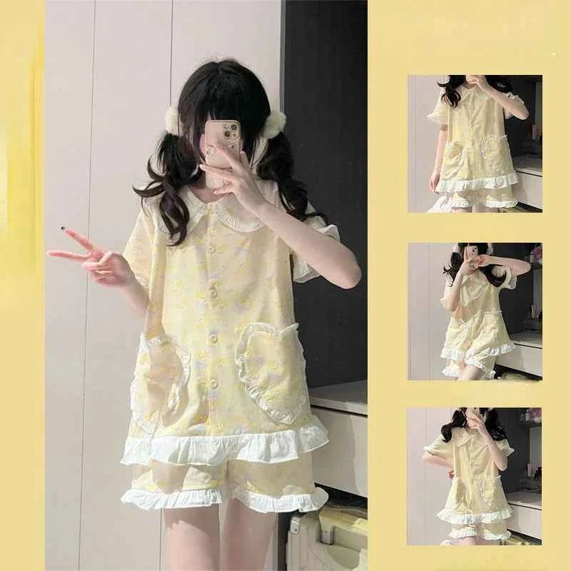 Sweet Sleepwear Women Pajama Sets Lingerie Cartoon Print Short Sleeve Tops Shorts Japanese Loungewear Kawaii Ruffles Pajamas New