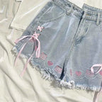 Japanese Sweet High Waist Embroidery Tied Bow Denim Shorts
