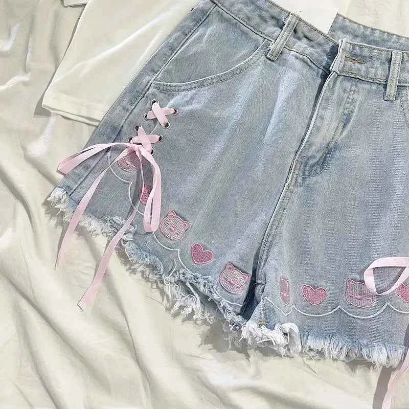 Japanese Sweet High Waist Embroidery Tied Bow Denim Shorts