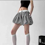 Sweet Pink Plaid Flower Bud Shorts Skirt Summer High Waist